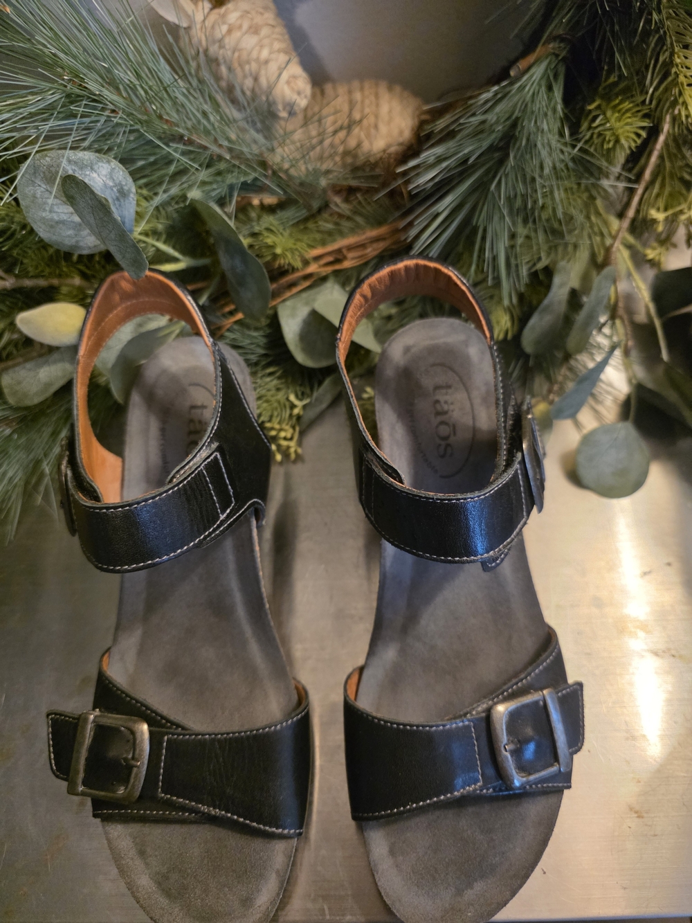 Taos Footwear Black Leather Dual Buckle Sandals